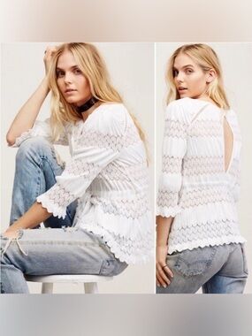 Free People Fire Island White Open Knit Top Size S